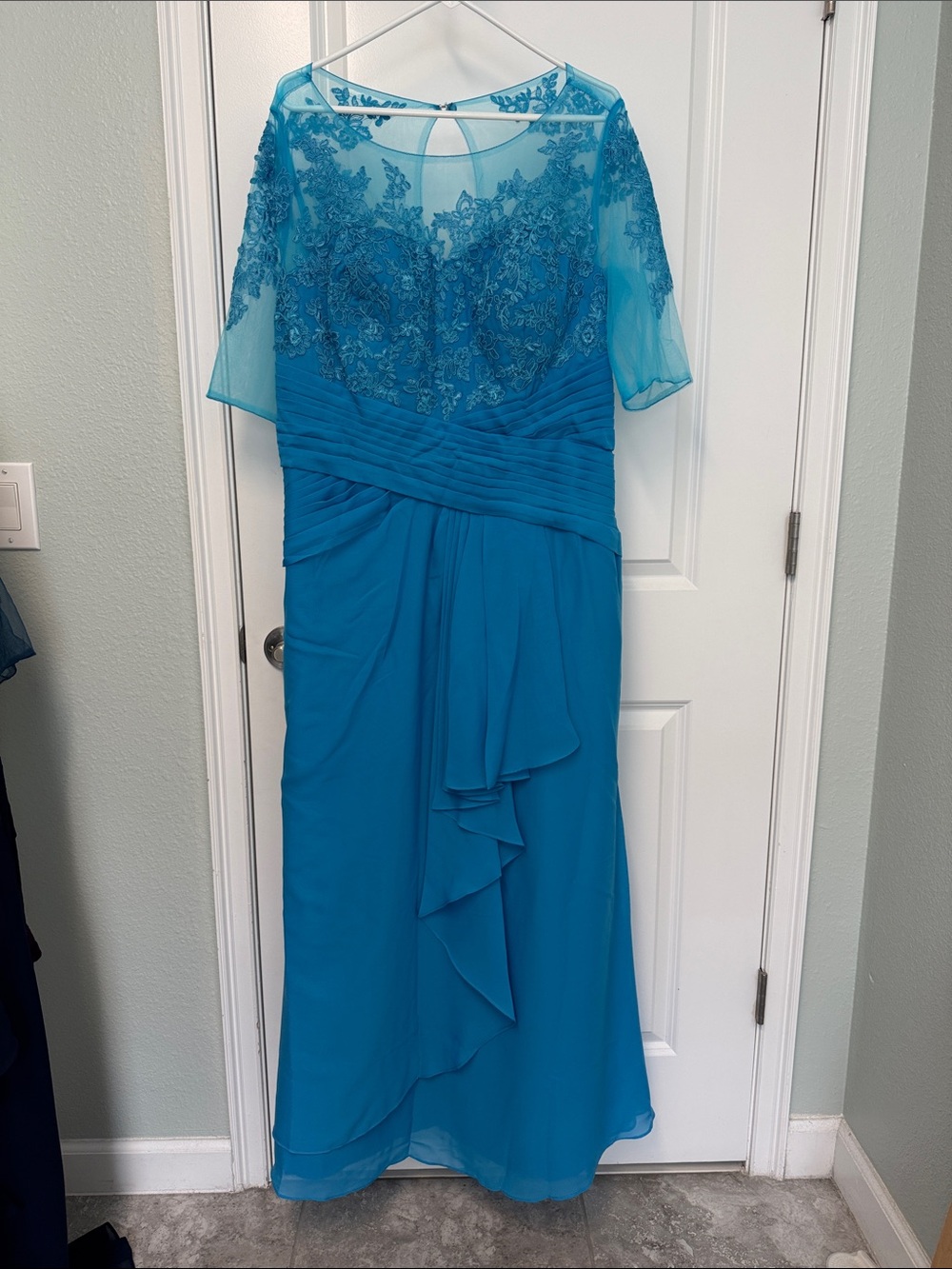 Embellished Turquoise Illusion-Yoke Evening Gown